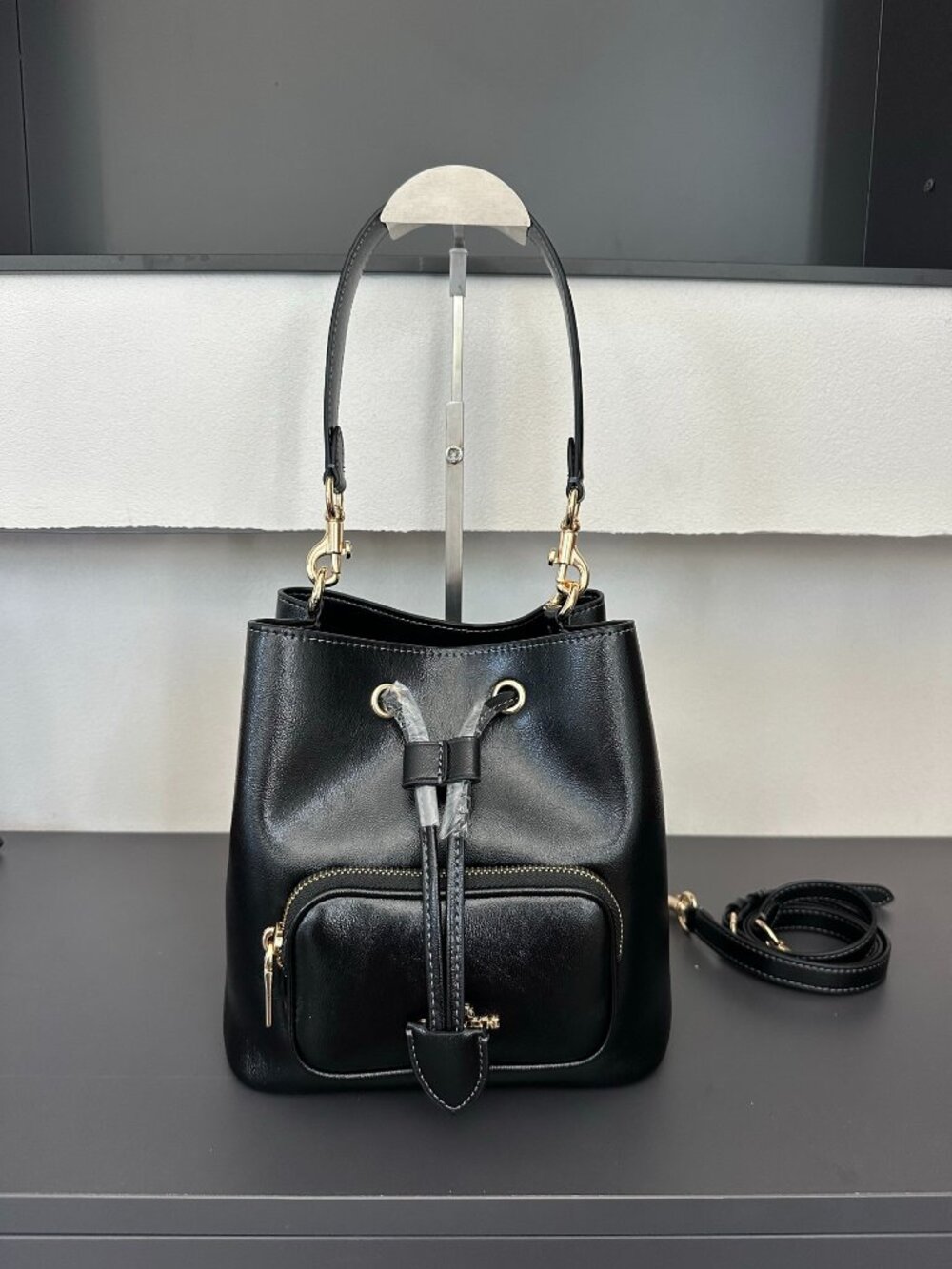 Coach Black Leather Bucket Bag, Detachable Shoulder Strap, New Without Tags